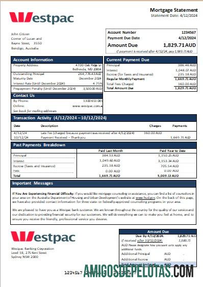 Declaração de hipoteca do Westpac Bank da Austrália modelo
